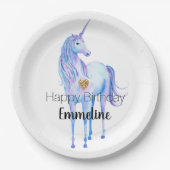 Lila Unicorn Gold Glitzer Herz personalisiert Pappteller (Vorderseite)