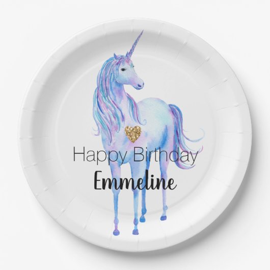 Lila Unicorn Gold Glitzer Herz personalisiert Pappteller (Vorderseite)