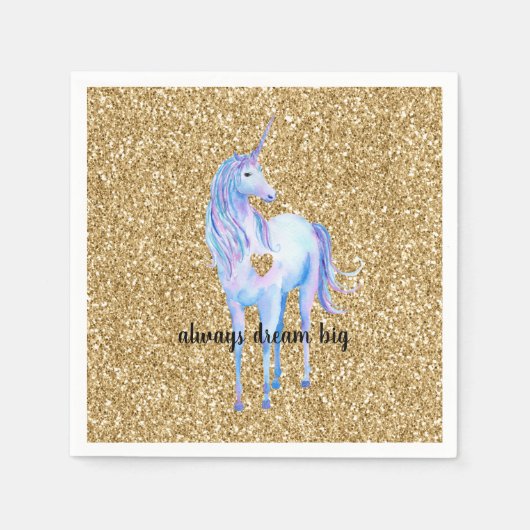 Lila Unicorn Gold Glitzer Herz personalisiert Serviette (Vorderseite)
