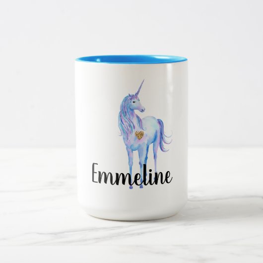 Lila Unicorn Gold Glitzer Herz personalisiert Zweifarbige Tasse (Mittel)