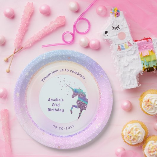 Lila Unicorn Pastel Holographische Starry Galaxie Pappteller (Party)