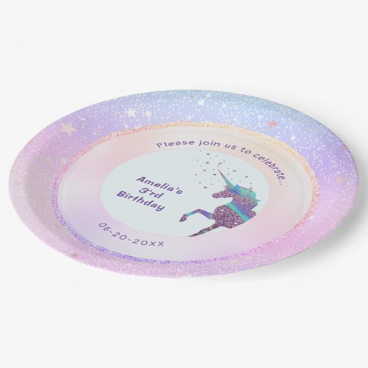 Lila Unicorn Pastel Holographische Starry Galaxie Pappteller (Schrägansicht)
