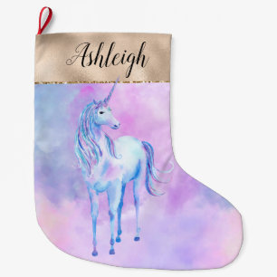 Lila Unicorn Watercolor Gold Glitz Name Großer Weihnachtsstrumpf