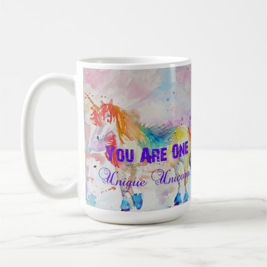 Lila Unicorns Wasserfarbe Tasse (Links)