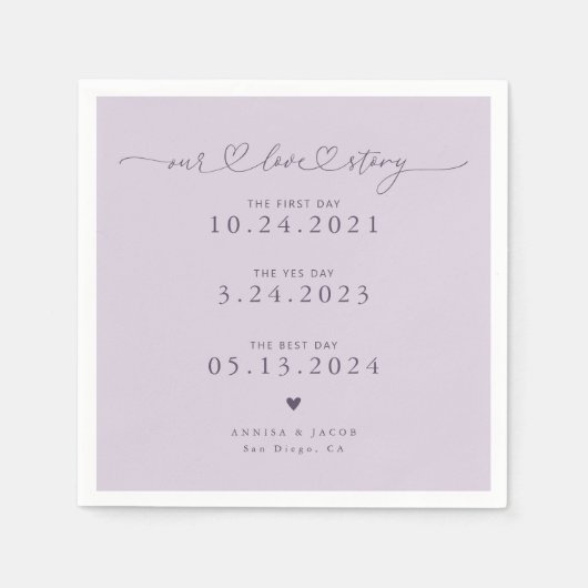 Lila unsere Liebe Story Script Hearts Wedding Serviette (Vorderseite)
