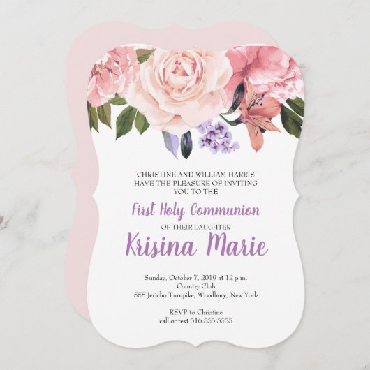 Lila, üppige, weiße, blumengeschmückte Kommune Einladung (Vorne/Hinten)