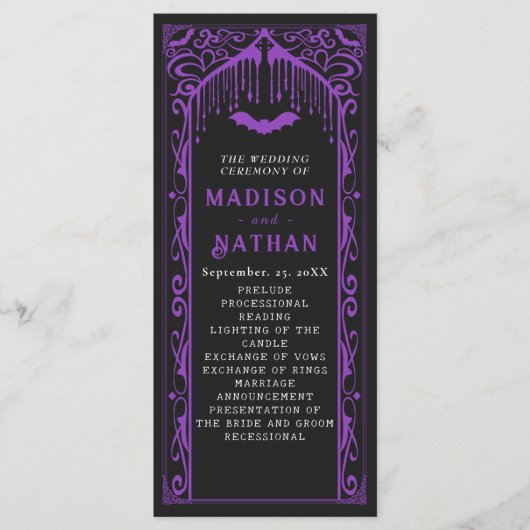 Lila Vampire-Kathedrale Gotische Hochzeit Programm (Vorderseite)