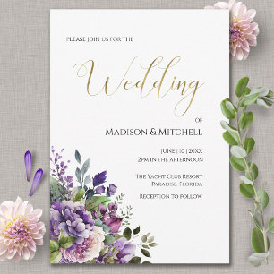 Lila Veilchen Aquarell Blumenstrauß Goldene Hochze Einladung