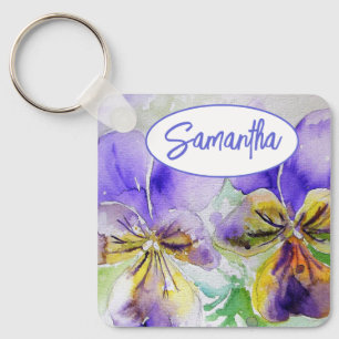 Lila Veilchen Blumen Aquarellmalerei Schlüsselanhänger