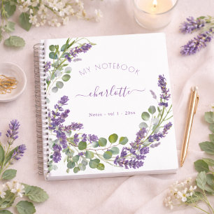 Lila Veilchen Eukalyptus Blumen Script Notizblock
