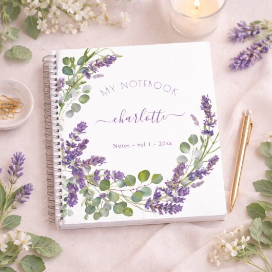 Lila Veilchen Eukalyptus Blumen Script Notizblock