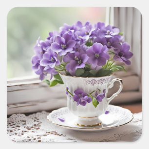 Lila Veilchen in alter Teetasse Quadratischer Aufkleber
