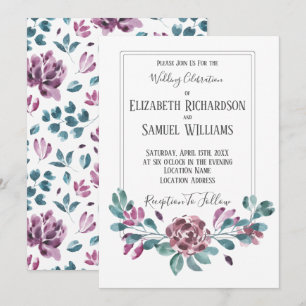 Lila-Veilchen-Pfingstrosen-Aquarell-Hochzeiten Einladung