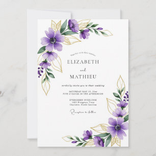 Lila vergoldete botanische Hochzeit Einladung