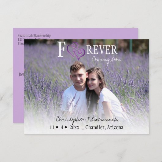 Lila verknüpfte Herzen Save the Date Ankündigungspostkarte (Vorne/Hinten)