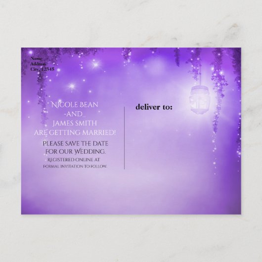 Lila verzauberte Waldhochzeit retten das Datum Ankündigungspostkarte (Rückseite)