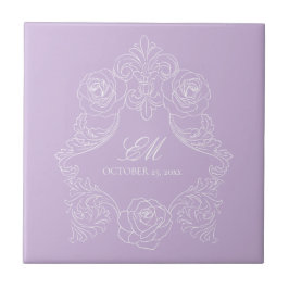Lila viktorianische Monogramm-Hochzeitskeramikflie Fliese