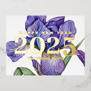 Lila Vintage-Blumen Frohes Neues Jahr 2027 Gold Folien Feiertagspostkarte