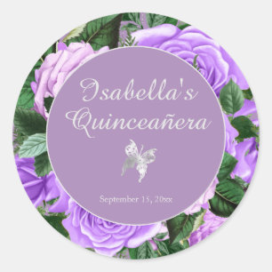 Lila Vintage-Blumen-Schmetterling Quinceañera Runder Aufkleber