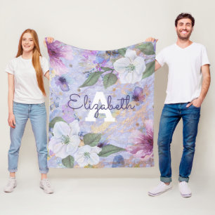 Lila vintage Blumen-Wasserfarbe-Monogramm-Name Fleecedecke