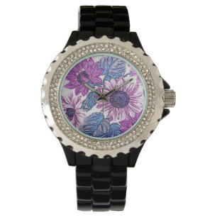 Lila Vintage-Blumenmuster Armbanduhr
