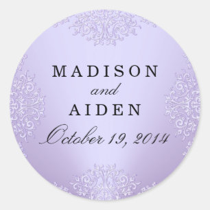 Lila Vintage-Damask-Hochzeitsaufkleber Runder Aufkleber