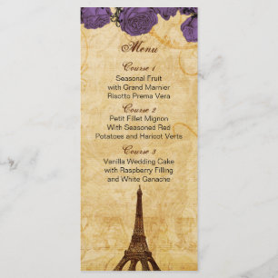 lila Vintage Eiffelturm Paris Hochzeitsmenükarten Menükarte