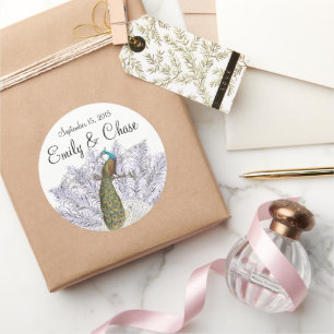 Lila Vintage Feder Pfau Fan Hochzeitsaufkleber Runder Aufkleber