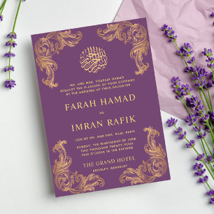 Lila Vintage Goldene Ecke Islamische Hochzeit Einladung