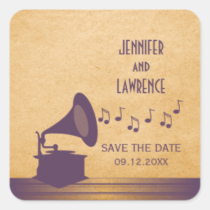 Lila Vintage-Grammophon Save-the-Date-Aufkleber Quadratischer Aufkleber