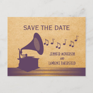 Lila Vintage-Grammophon Save-the-Date-Postkarte Ankündigungspostkarte
