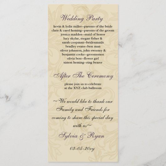 Lila Vintage Hochzeit von Elfenbein Programm (Rückseite)