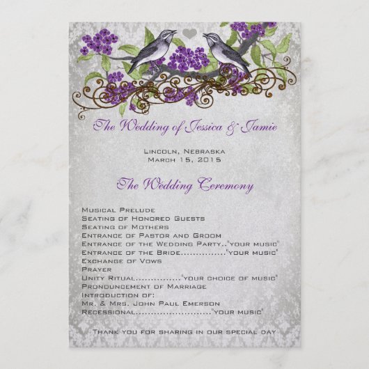 Lila Vintage Hochzeitsprogramme Programm (Vorderseite)