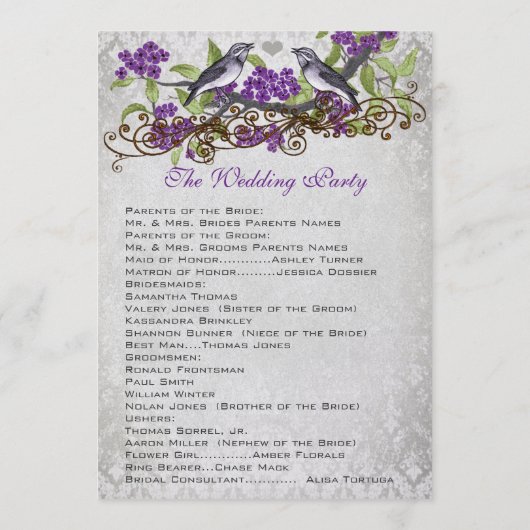 Lila Vintage Hochzeitsprogramme Programm (Rückseite)