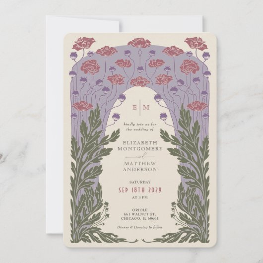 Lila Vintage Jugendstil-Violett Blumenzehen Einladung (Vorderseite)