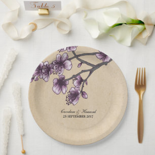 Lila Vintage Kirschblüten Papier Teller