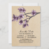 Lila Vintage Kirschblüten Save the Date (Vorderseite)