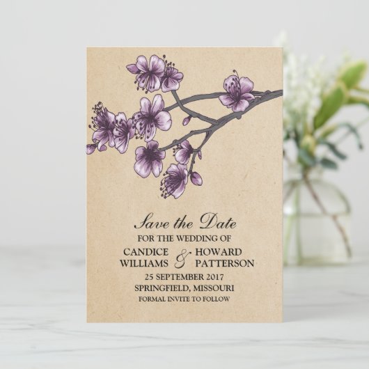 Lila Vintage Kirschblüten Save the Date (Stehend Vorderseite)