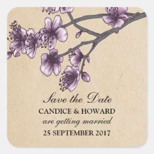 Lila Vintage Kirschblüten Save the Date Quadratischer Aufkleber