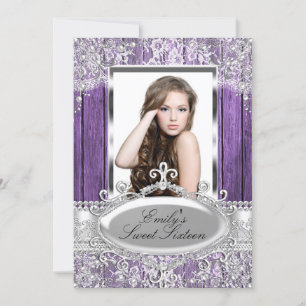 Lila Vintage-Perlen-Spitze & Holz Foto Sweet 16 Einladung
