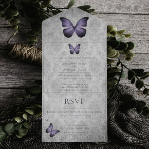 Lila Vintage Schmetterling Damast Hochzeit All In One Einladung