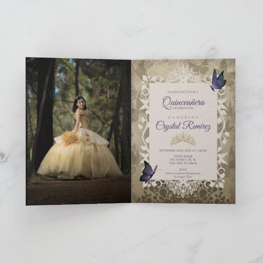 Lila Vintage Schmetterlinge Quinceanera Einladung (Innenseite)