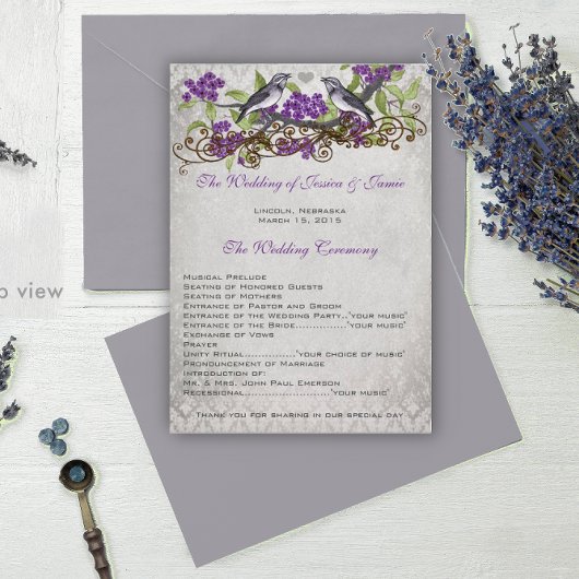 Lila Vintage-Vögel-Damaskus-Hochzeitsprogramme Programm