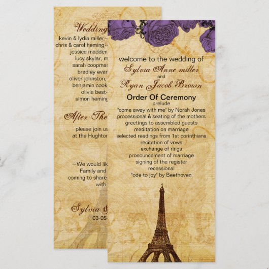 lila Vintager Eisturm Pariser Hochzeitsprogramm Programm (Vorne/Hinten)