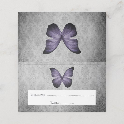 Lila Vintager Schmetterling Damask Empfang Platzkarte (Außenseite Aufgefaltet)