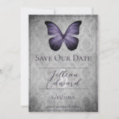 Lila Vintager Schmetterling Damask Save the Date Ankündigung (Vorderseite)