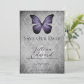 Lila Vintager Schmetterling Damask Save the Date Ankündigung (Stehend Vorderseite)