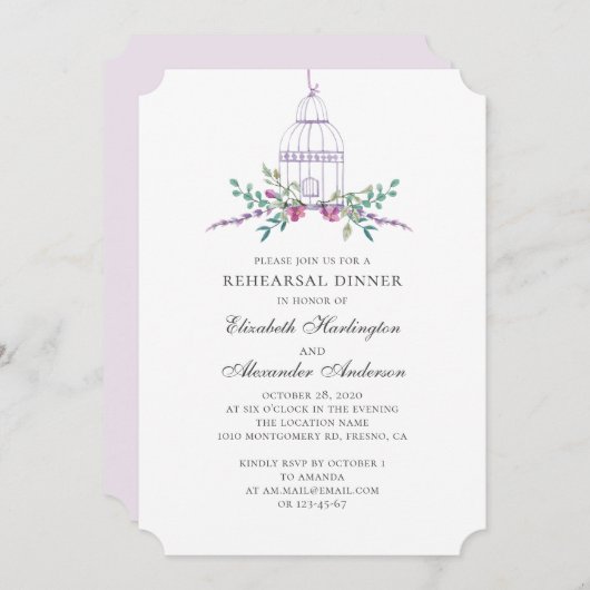 Lila Vintager Vogelkäfig. Probe Einladung (Vorne/Hinten)