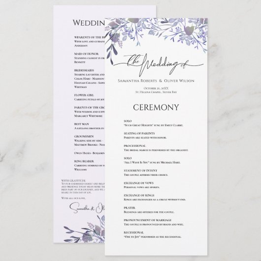 Lila Vintages botanisches Hochzeitsprogramm Programm (Vorne/Hinten)