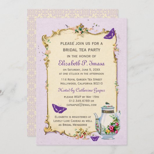 Lila Vintages französisches Brauttee-Party Einladung (Vorne/Hinten)